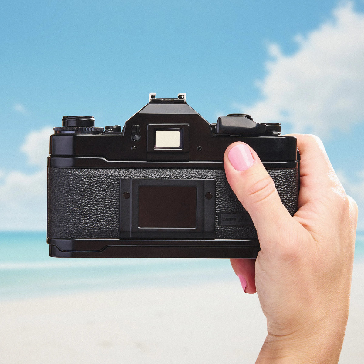 Hand holding a Canon A-1 | 35mm Film Camera against a beach background