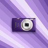 Purple Canon Canon Powershot ELPH 135 on a purple and white striped background