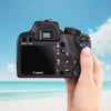 Canon Rebel XS held in a hand with a beach background