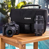 Canon camera and lenses on a wooden table with a pool and plants in the background