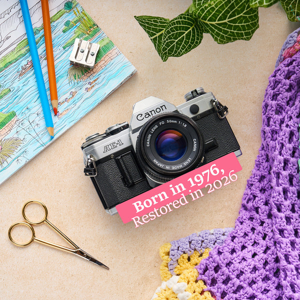A Canon AE-1 film camera with a vintage lens, styled in a flat lay on a beige surface with a pink text banner reading 'Born in 1976, Restored in 2026'. Surrounding props include gold scissors, a sketchbook with colored pencils, a pencil sharpener, and a purple and yellow crochet blanket.