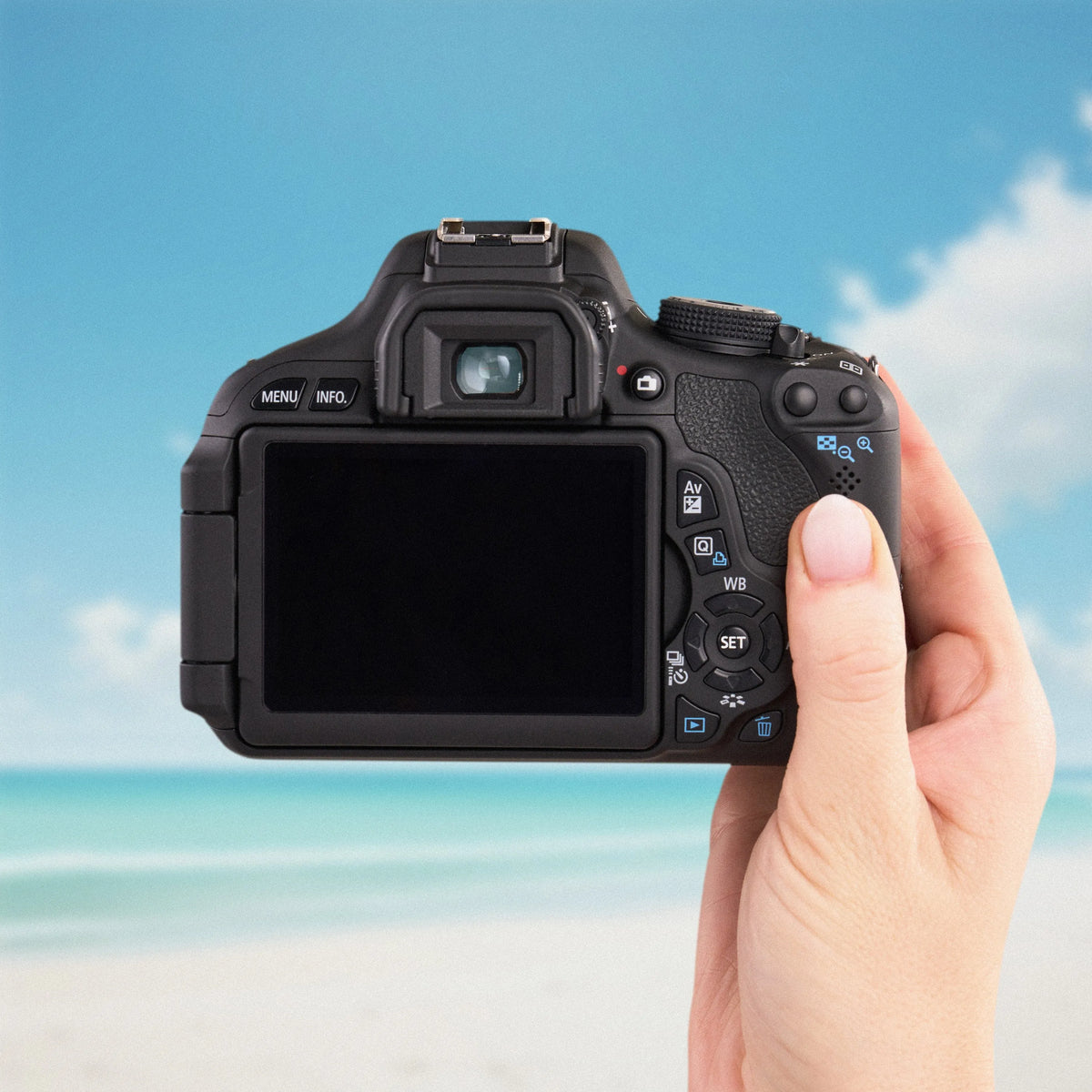 Back view of the Canon Rebel T3i showing its LCD screen and controls against a beach backdrop