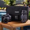Canon Rebel T6 DSLR Camera with lenses and bag on a wooden table outdoors