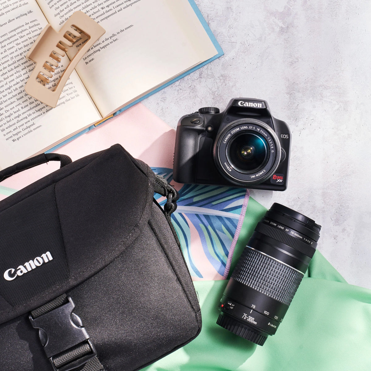 Canon camera, lens, and bag on a textured surface with books.