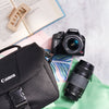 Canon camera, lens, and bag on a textured surface with books.