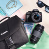 Canon Rebel T7 dual-lens kit arranged with a camera bag and colorful accessories