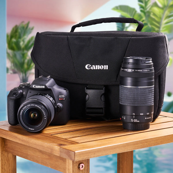 Canon Rebel T7 dual-lens kit with DSLR body, two lenses and Canon camera bag