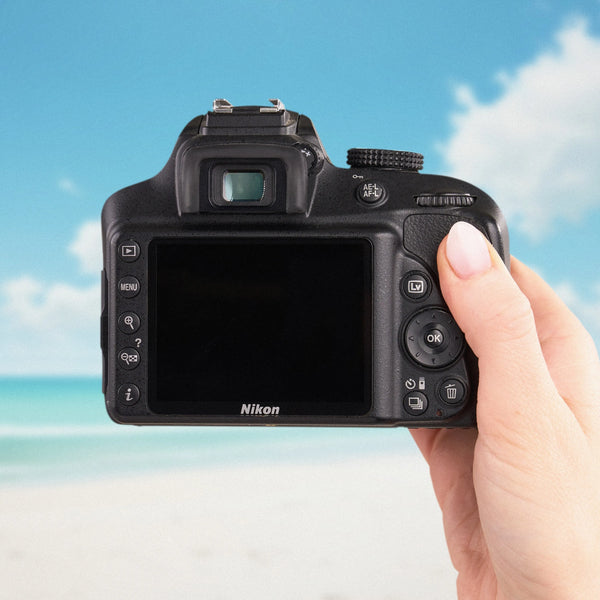 Back view of a Nikon D3400 showing its LCD screen, optical viewfinder and controls
