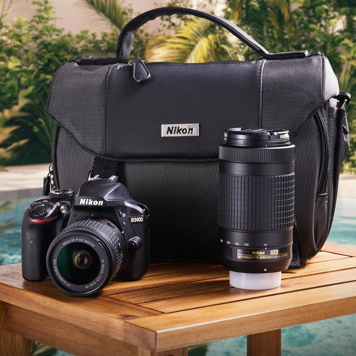 Nikon D3400 dual-lens kit with an 18–55mm lens, 70–300mm lens and camera bag