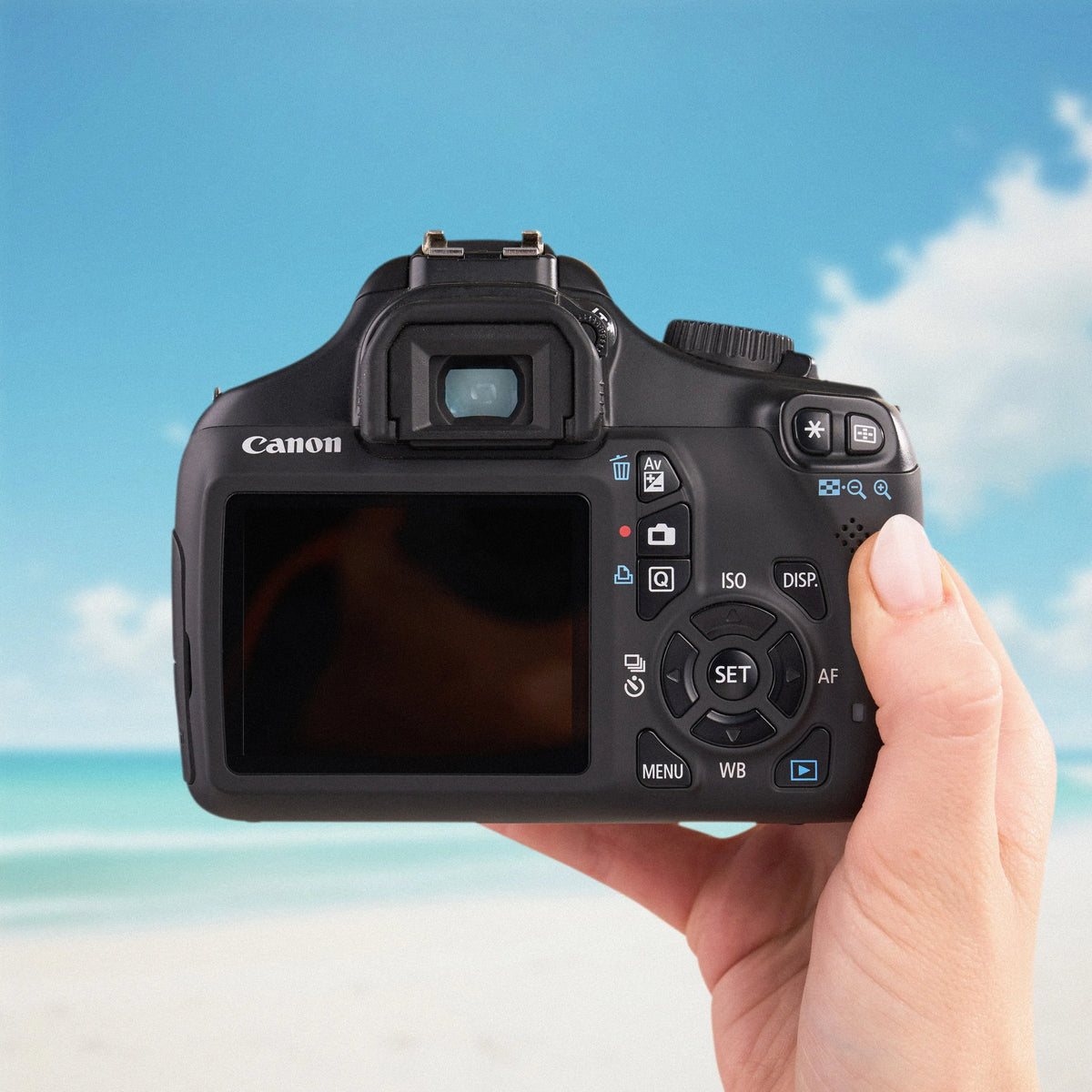 Back view of the Canon Rebel T3 showing its LCD screen and controls against a beach backdrop