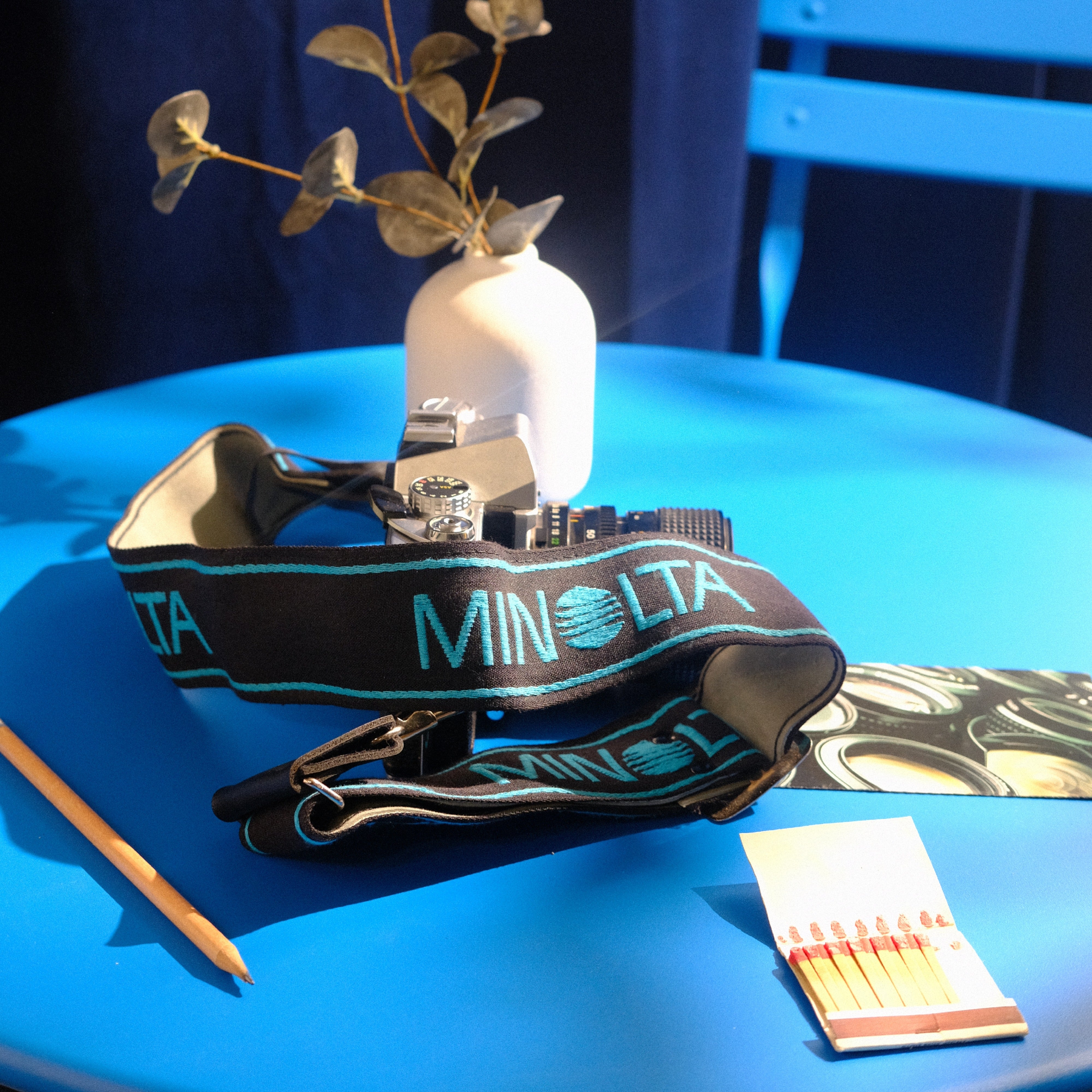 1980s Embroidered Blue Minolta Camera Strap