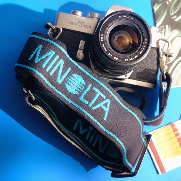 1980s Embroidered Blue Minolta Camera Strap