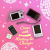 Two cameras, a battery, and a charger on a pink background with disco ball designs.