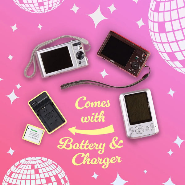 Two cameras, a battery, and a charger on a pink background with disco ball designs.