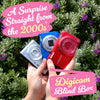 Three digital cameras in silver, blue, and red are held in two hands against a background of green bushes with small purple flowers. Prominent pink graphic text overlays read 'A Surprise Straight from the 2000s' and 'Digicam Blind Box', with the Nikon logo visible on the red camera.